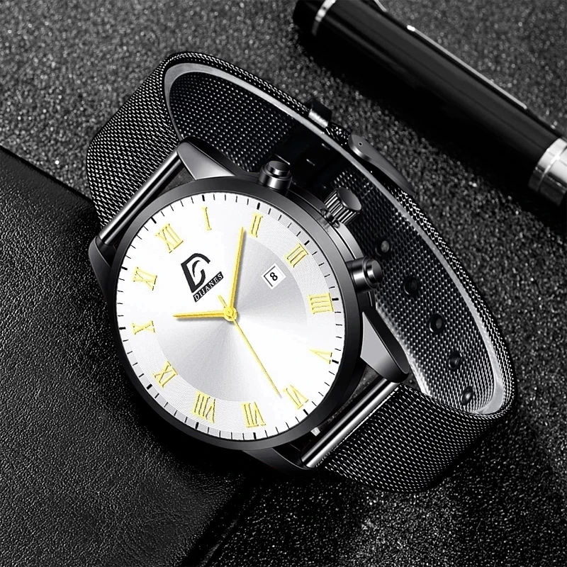 Relojes minimalistas para hombre, pulsera de cuarzo con correa de malla de acero inoxidable, de lujo, informal, de negocios, masculino - Imagen 4