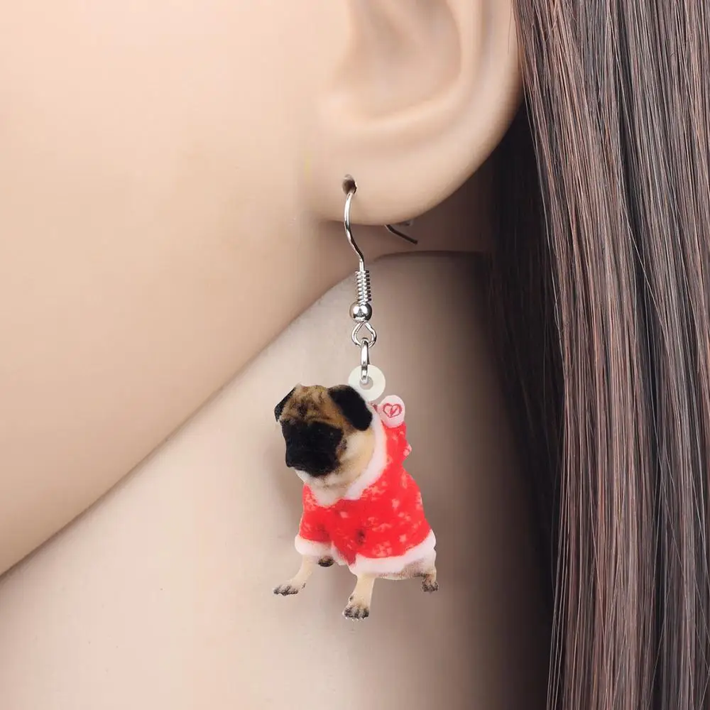 Bonsny Acrylic Christmas Costume Dress Pug Dog Earrings Drop Dangle Animal Jewelry Accessory For Women Girl Teen Kid Charms Gift