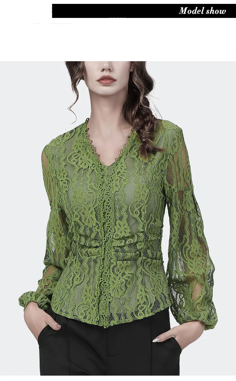 Vintage Women Green Lace Shirt Long 