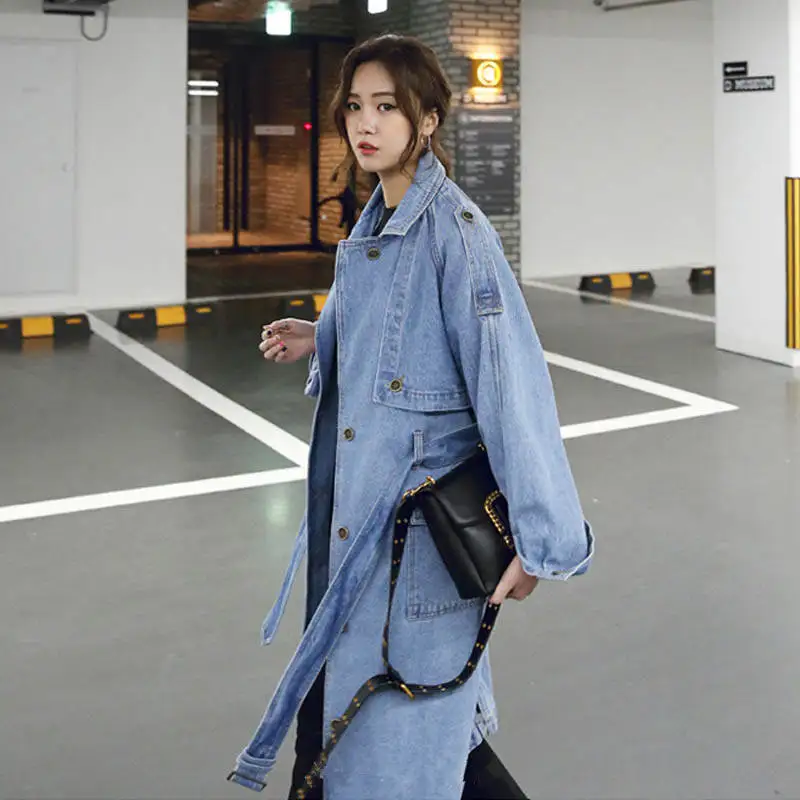 Осенне-зимнее корейское джинсовое пальто для женщин тонкая ветровка женский длинный однобортный джинсовый Тренч с поясом C5775