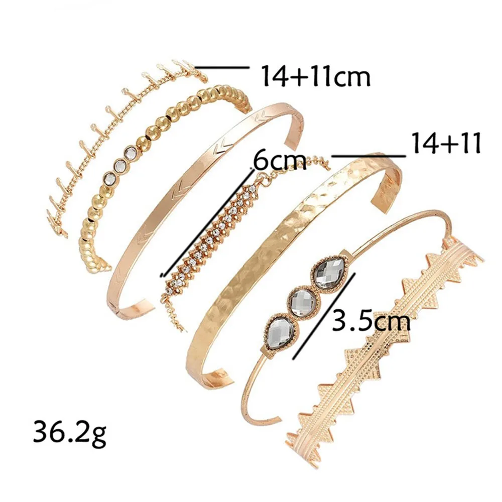 Vintage Gold-plate Crystal Geometric Hollow Bracelets Bangles For Women Boho Adjustable Multiple Layers Bracelet Set Jewelry