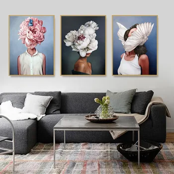 

Nordic Modern Floral Feather Woman Wall Art Painting Feather Posters and Prints Wall Pictures for Living room Decor