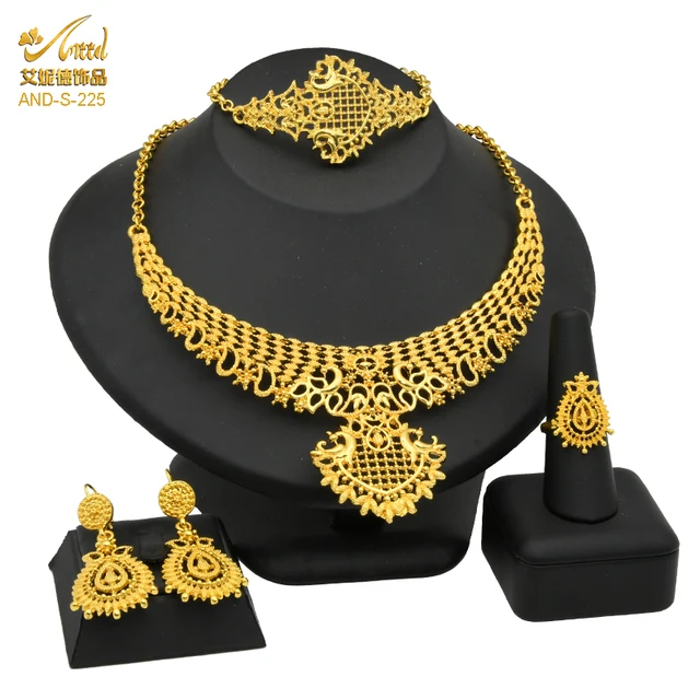 Indian Jewelry Set Wedding 24k Gold Color African Jewelry Dubai Bridal Sets Nigerian Necklace Bracelet Earring Gold Jewellery S-225-Gold