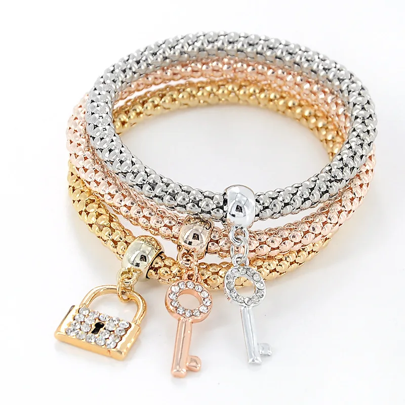 3 шт./компл. Для женщин Lock Стразы кулон Браслеты металлический эластичный Попкорн цепи три слоя браслеты дружбы, ювелирные изделия в качестве подарка