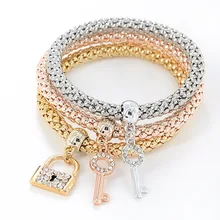 3 шт./компл. Для женщин Lock Стразы кулон Браслеты металлический эластичный Попкорн цепи три слоя браслеты дружбы, ювелирные изделия в качестве подарка