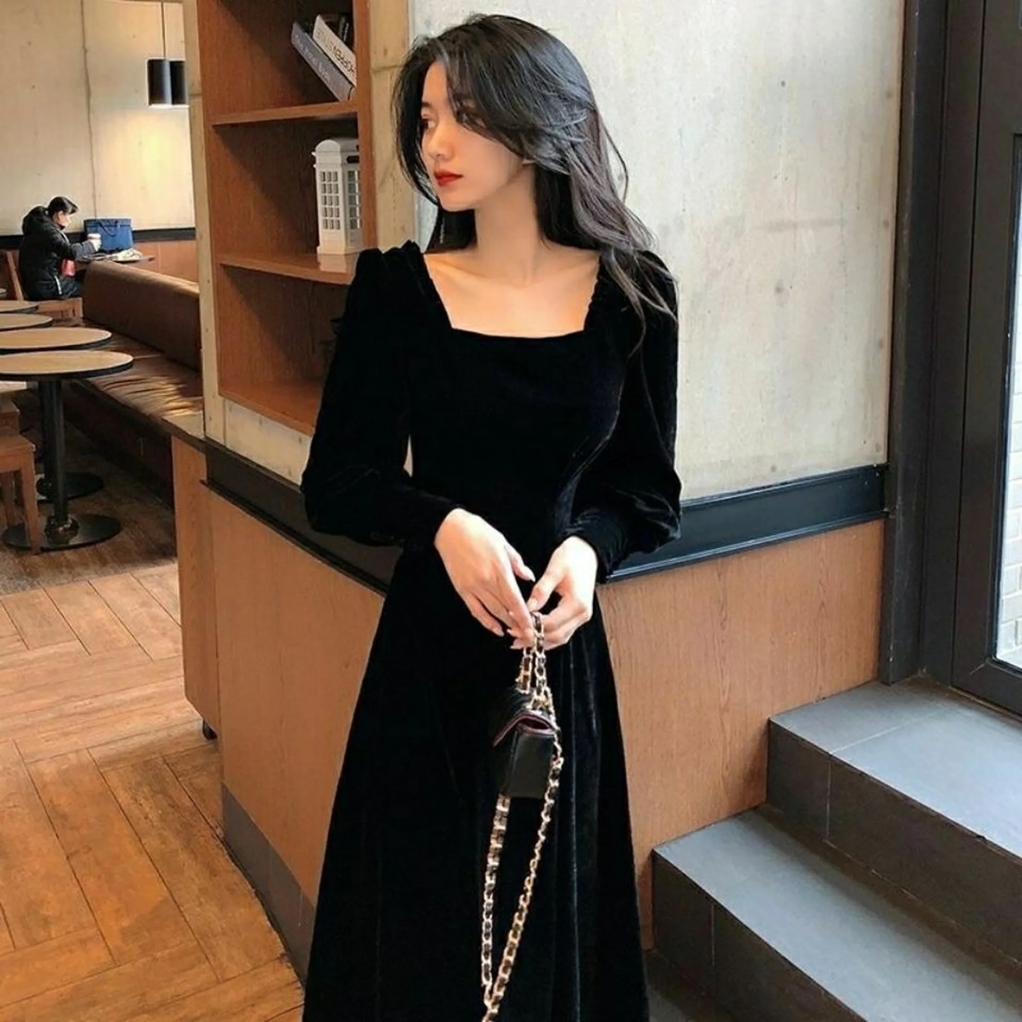 2020 square neck new fashion women's dress Korean version slim and slim long sleeve velvet medium length