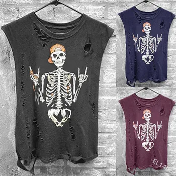 

Women's T-shirt 2020 Poleras Fashionable Statement Shirt Fashion Hawaiian Shirt for Women Pullover Sleeveless Skull Print Polera