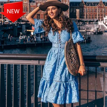 

Boho Maxi Dresses Party Club Vestido Blue White Pink Sexy Lace Woman Dress 2020 Summer V Neck Short Sleeve