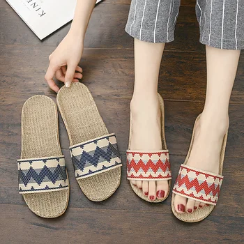 

2020 New Women Flax Slippers Summer Indoor Shoes Wave pattern Home Slipper Woman Man Open Toe Linen Belt Slides Female Sandals