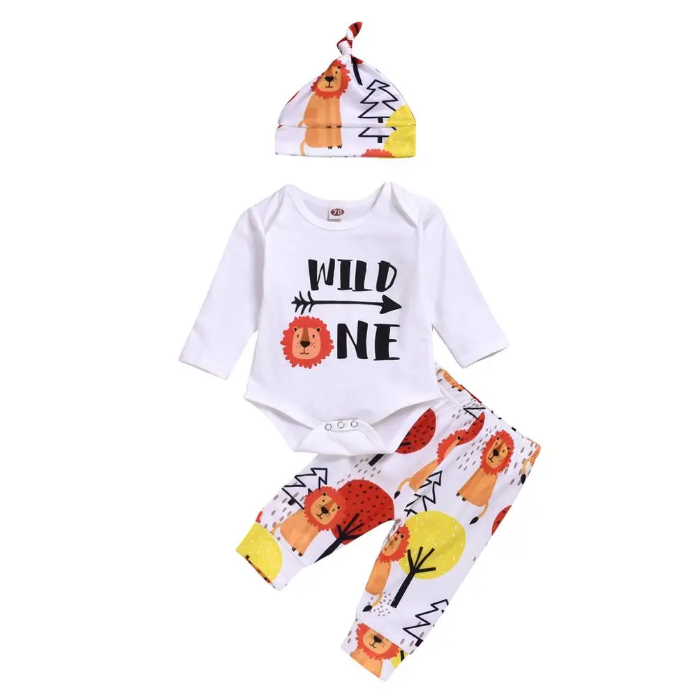 

New style Baby Clothes Set Top + Pants + Hat 3 piece Lovely Lion Tree Spring Autumn Winter