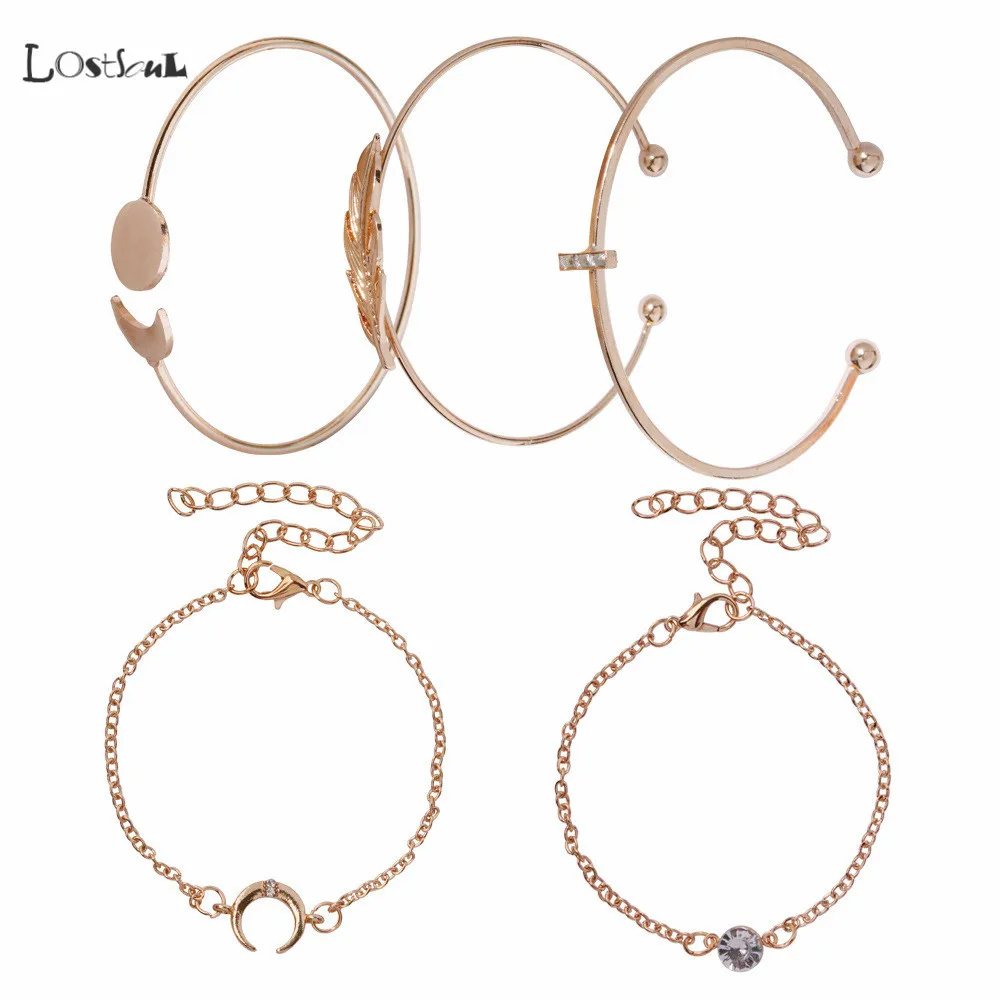 

LOSTSOUL Geometric Leaves Moon Ornaments Golden Romantic Sweet Boutique Bracelet Women's Alloy Bracelet Five-Piece