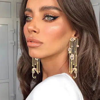 

missvikki Gorgeous Long Gold chains Fish Seahorse Pendant Earrings Full Shiny CZ Bride Wedding Engagement Party Earrings Jewelry