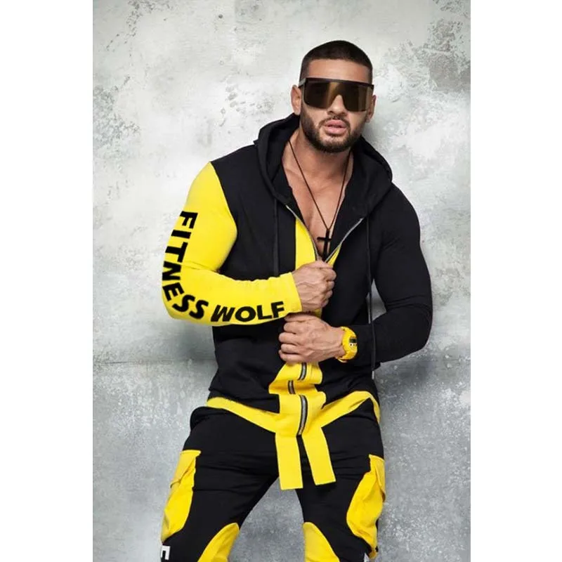 Мужской комплект для бега Штаны для бега фитнес спортивный костюм куртка на молнии с капюшоном Спортивные штаны спортивный свитер - Color: Black Yellow