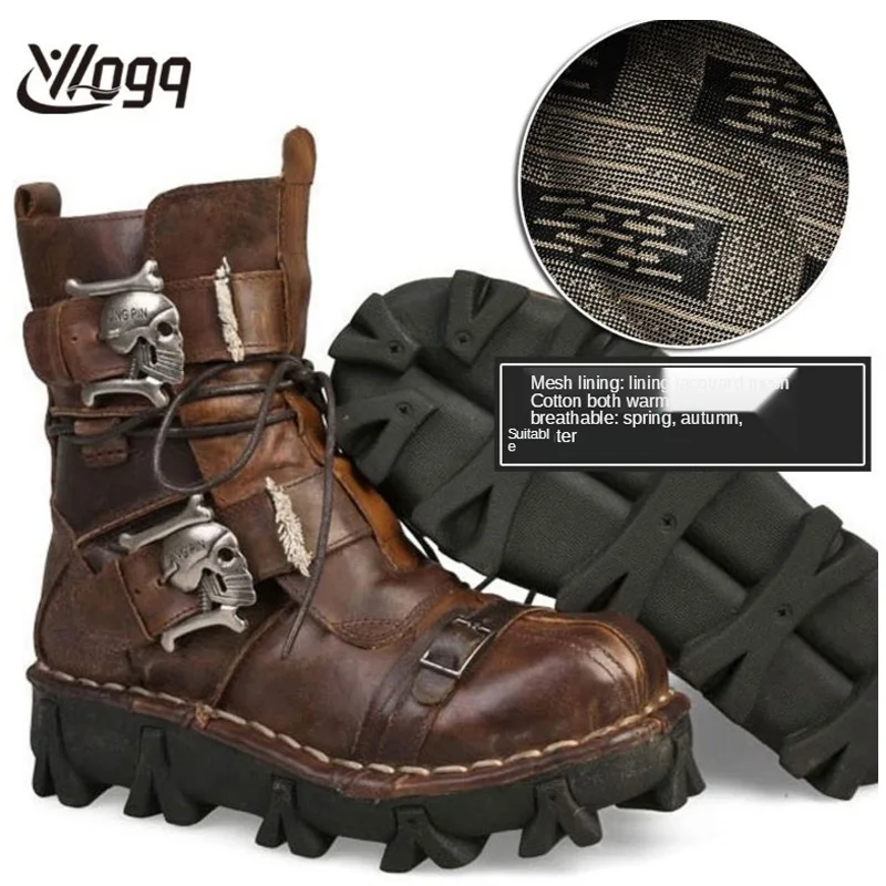 thumbnail image 1 of Botas de trabajo de cuero genuino para hombre, botas de combate militares, botas de moda Punk con calavera gótica, botas de motocicleta 50 Vintage, 1 of 5