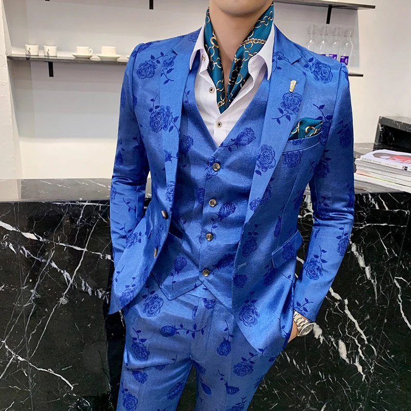 2019 new men's suits men's fashion rose print design suit 3-piece suit (coat + suit pants + vest) men's business casual suits 2019 new men's suits men's fashion rose print design suit 3-piece suit (coat + suit pants + vest) men's business casual suits