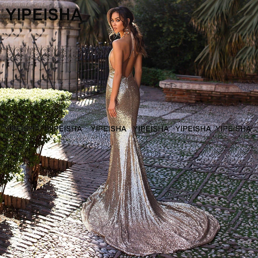 Yipeisha Gold Sequin Mermaid Prom Dress Sexy Halter Party