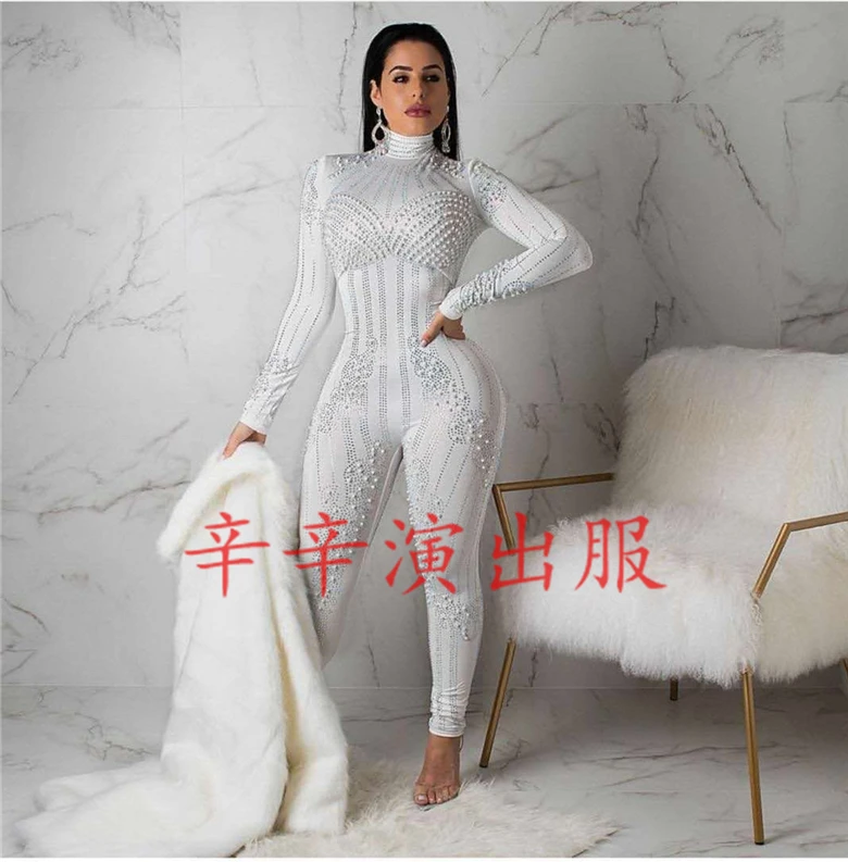 

Wp,em Mew White Pearls Elastic Long Sleeve Tights Jumpsuit Nightclub Bar Singer Performance Costume Party Birthday Stage Wear