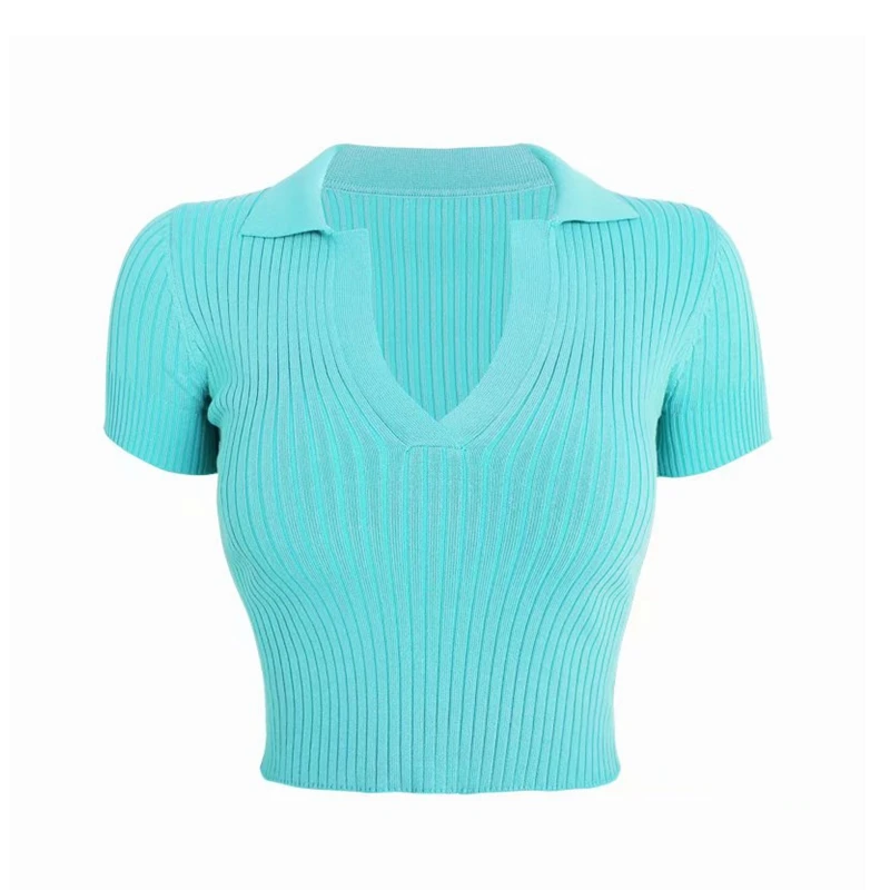 Turquoise Осень, женская рубашка поло, женский короткий топ с длинным рукавом, белый однотонный короткий поло, рубашки, женские сексуальные футболки, Корейская уличная одежда - Цвет: Turquoise