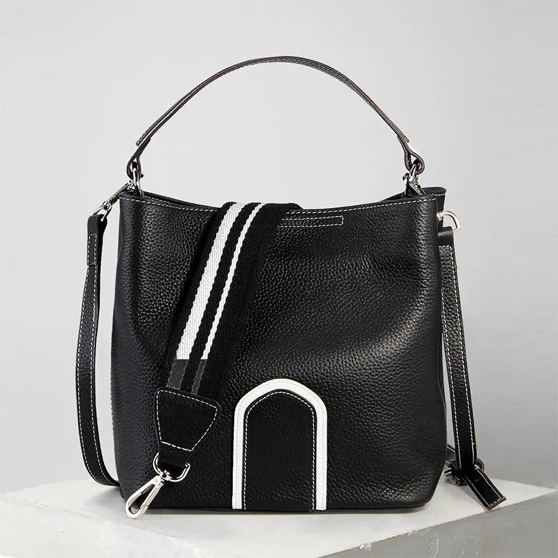 

Guangzhou WOMEN'S Bag 2018 New Style Genuine Leather Fashion Contrast Color Full-grain Leather Wide-Strap Bucket Bag Single-shou