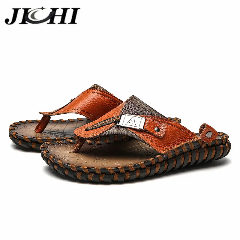 JICHI Brand Men Flip Flops Genuine Leather Summer Men Slippers Comfortable Beach Sandals Mens Casual Shoes Fashion Free Shipping
