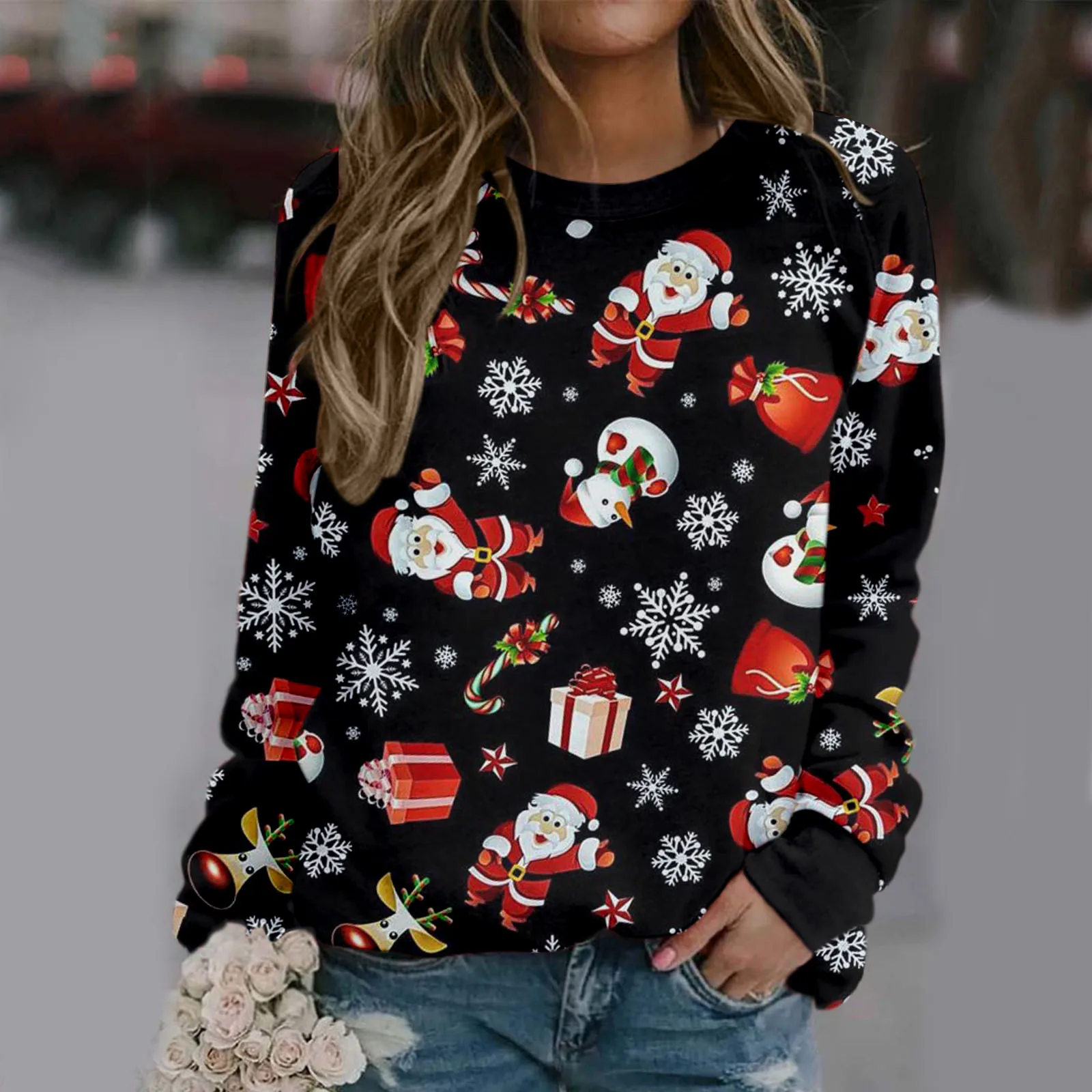 Women's Christmas Print Long sleeved Sweatshirt Blouse Pullover