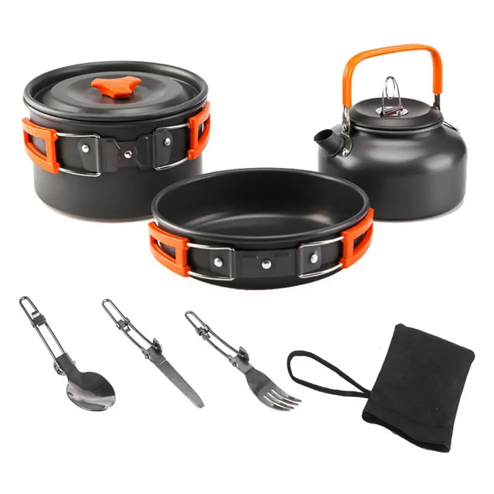 Portable Outdoor Camping Cookware Camping Hiking Picnic Teapot Pot Set Non-stick Tableware cutlery Picnic Bowl Pot Pan Set - Цвет: a