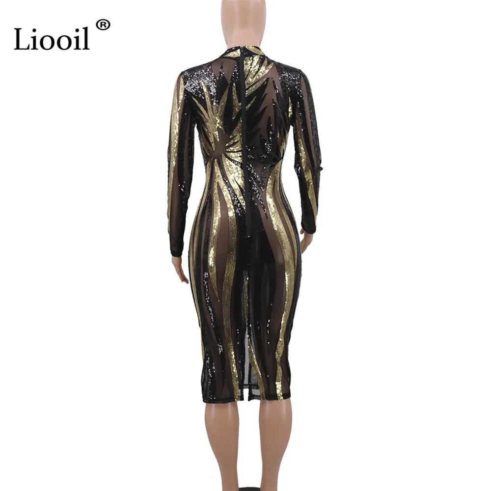Liooil сексуальное Сетчатое полупрозрачное облегающее платье миди с блестками, Осень-зима, женские прозрачные облегающие платья с длинным рукавом, вечерние платья для ночного клуба