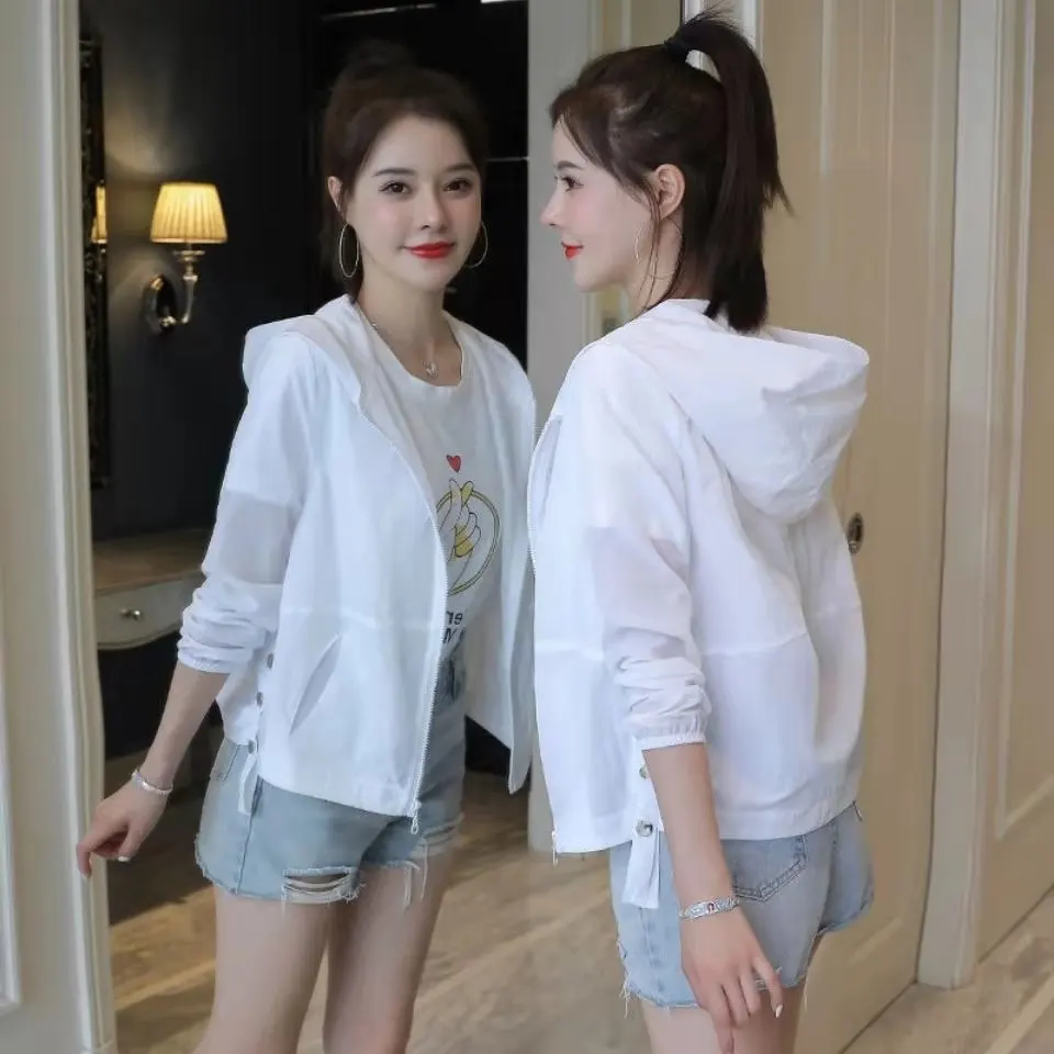 Giacche primaverili da donna stile coreano frangivento 2024 Abbigliamento estivo sottile per la protezione solare Cappotto con cappuccio bianco Giacca con cerniera Femme_voghion.com