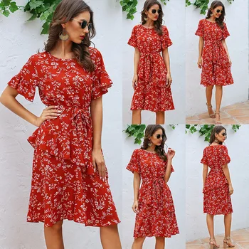 

Madam clothing UVRCOS Summer 2020 New round Neck Floral Irregular Ruffle Dress