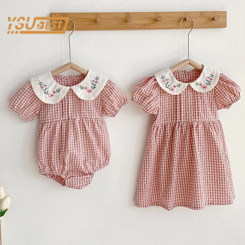   소녀 그리드 자수 드레스 여름 소녀  Romper  어린이 면화 짧은 소매 원피스 Romper