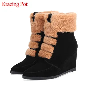 

Krazing Pot high quality super warm wedges pointed toe high heels zip fashion mixed colors women winter leisure ankle boots L52