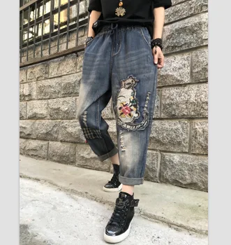 

2020 Spring Loose Jeans Hole Ankle-length Pants Jeans Vintage Retro Pants Female With Patches Elastic Waist