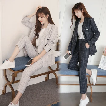 

2020 Womens Tops and Blouses Blazer Set Woman Office Suit Plaid Pattern Notched Collar Double Breasted Three Quarter Long Pants