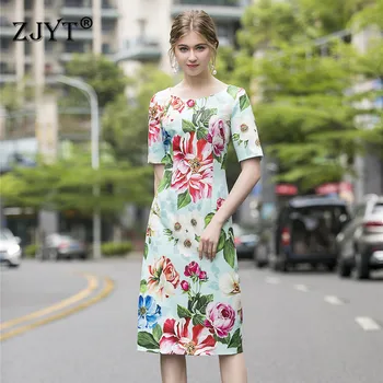 

2020 New Fashion Designer Runway Summer Dress Women Elegant Short Sleeve Flower Print Slim Fit Midi Straight Holiday Party Dress