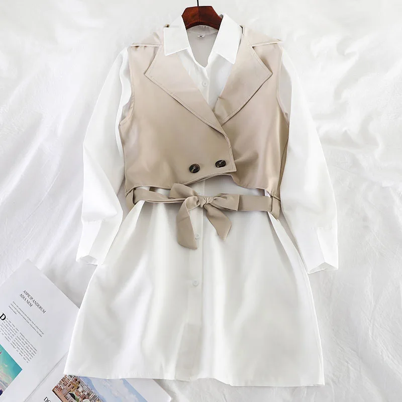 

2019 new fashion women's Temperament shirt dress+ vest two sets of tide K656