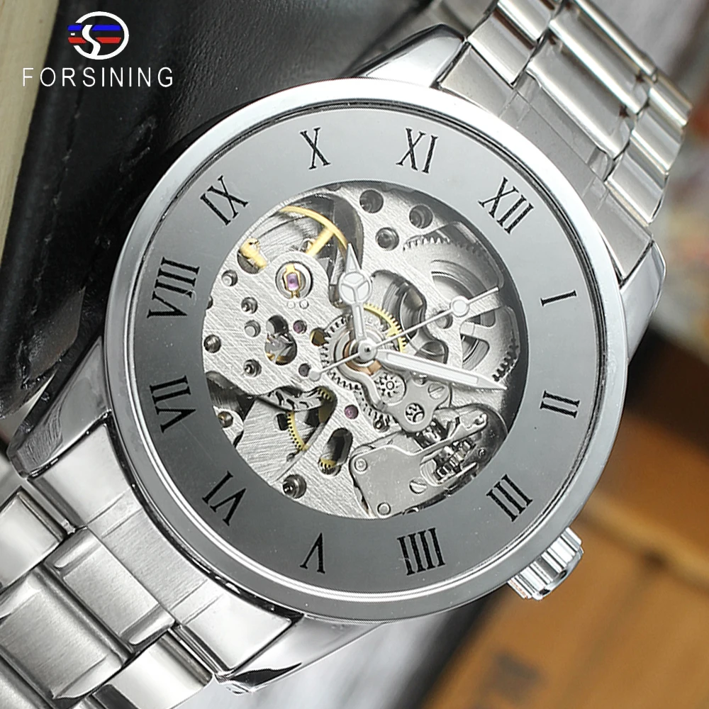 

WINNER Luxury Brand Steel Men Clock Automatic Skeleton Mechanical Watch self wind fashion luxury quality gift Steampunk Mirror