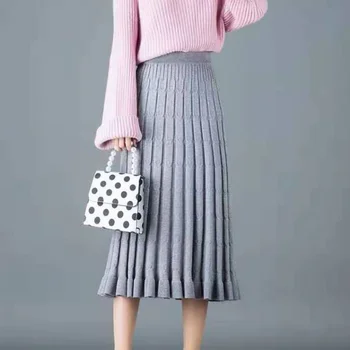 

Autumn Winter Women Thick Knitted Skirt Long Pleated Skirts Womens Saias Midi Faldas A Line Women Elegant Midi Skirt High Waist