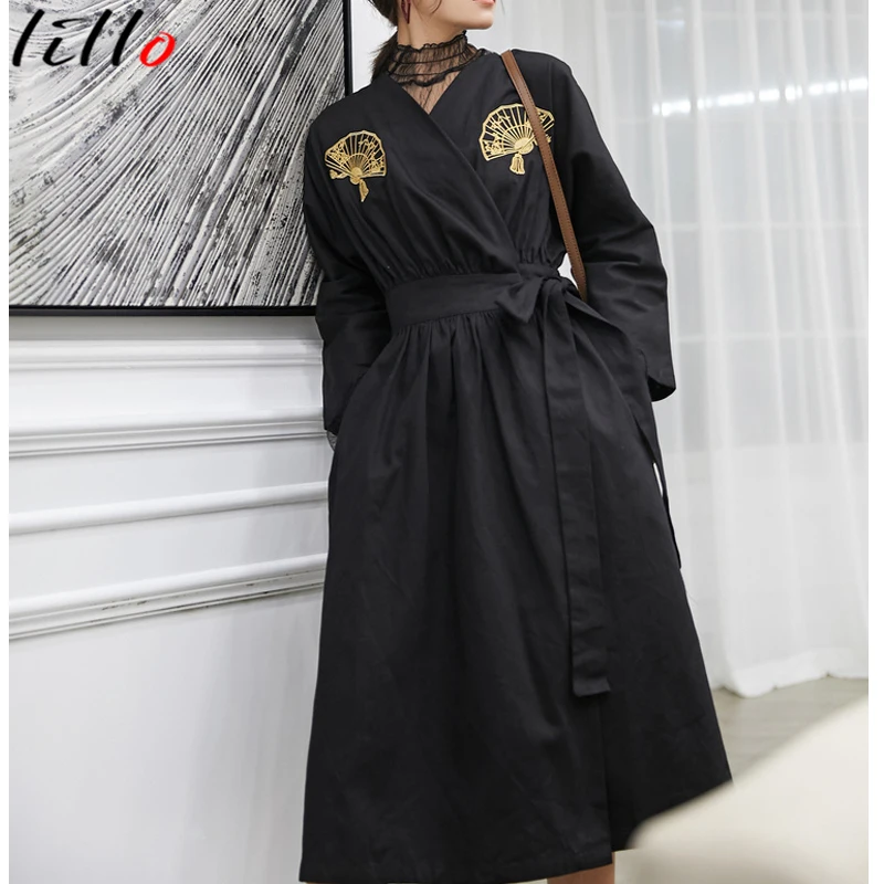 

Embroidered Black Windbreaker Women Popular Long Paragraph Over The Knee Loose Retro Embroidered Folding Fan Coat Jacket Trench