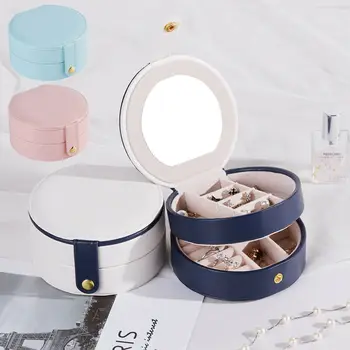 

Portable Earring Storage Carrying Case Round Jewelry Box Travel Zipper PU Leather Jewellery Packaging Display Organizer Gift Box