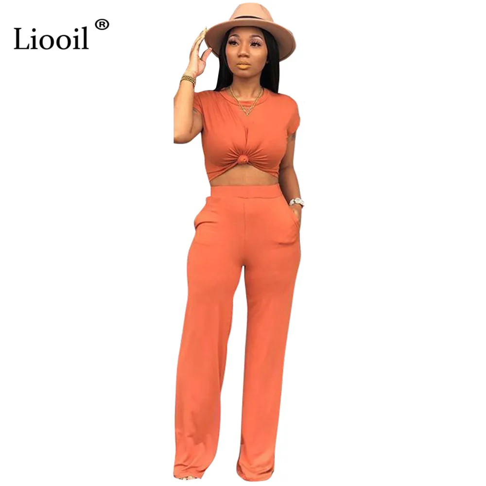 

Liooil Orange Two Piece Set Women Black Club Outfits Autumn 2019 T Shirt Sexy Top And Wide Leg Long Pants Party Matching Sets