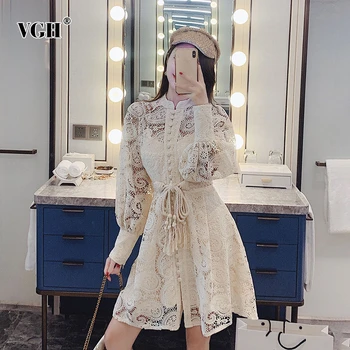 

VGH Embroidery Hollow Out Dress For Women Stand Collar Lantern Sleeves High Waist Lace Up Bowknot Dress Female 2020 Fashion New