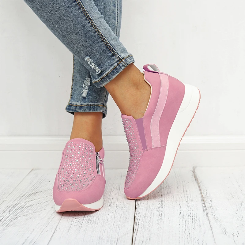 Женские кроссовки; сезон весна-осень; повседневная женская обувь на плоской подошве; стильная обувь на молнии с кристаллами; Нескользящая дышащая уличная Вулканизированная обувь - Цвет: pink