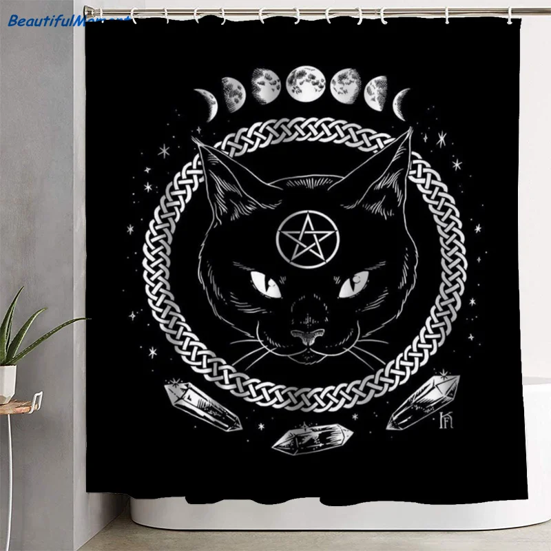 Satanic Cat Pentagram Death Black Metal Shower Curtain Durable Bathroom