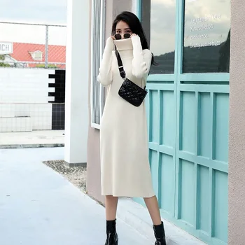 

HLBCBG Autumn Winter Women Dress Basic Turtleneck Pullover Sweater Top Slim Fit Knitted Long Midi Dress RibbedVestidos Feminino