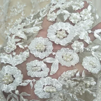

Beading wedding gown lace fabric 130 cm width ivory bridal dress lace fabric sell by yard