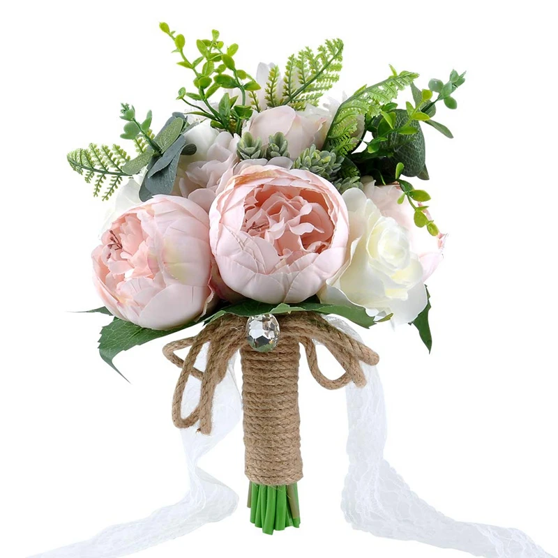 Wedding Bridal Bouquet,9.8 Inch Wedding Bridal Bouquet,Wedding Simulation Bouquet,Natural Jute Wrap,Crystal Wedding Chapel Party