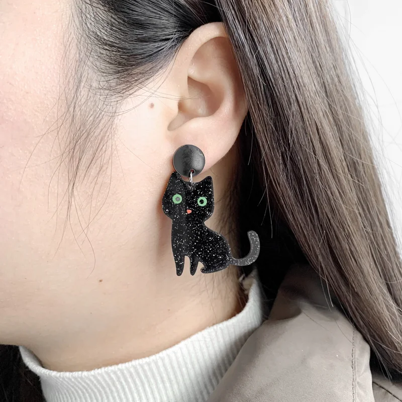 Boucles d'oreilles chat émail strass gris noir - Bijoux animaux