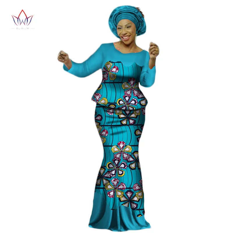 Africa Style Bazin Riche Dresses for Women Two Pieces Set Women Long Sleeve Tops and Long African Print Skirt Plus Size WY2454 - Цвет: 14