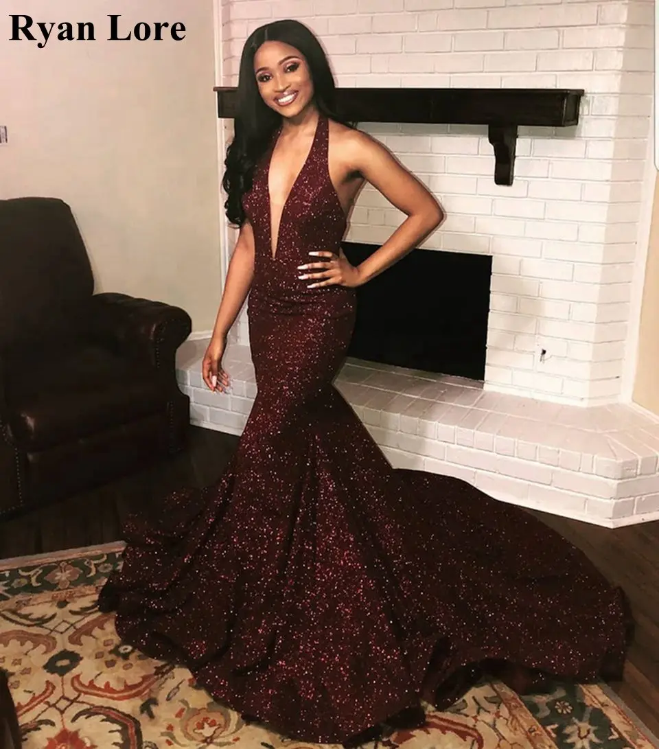 

Burgundy Mermaid Formal Party Sequins Evening Dresses 2020 Sexy Deep V-Neck Sleeveless Women Prom Gowns Backless Long Vestidos