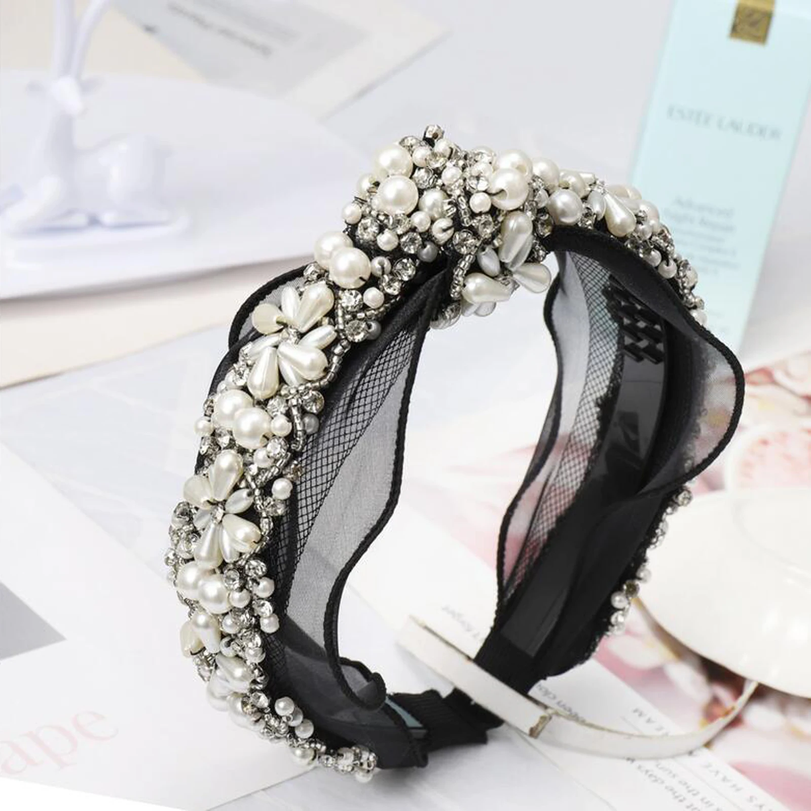 Новая Мода Rhinestone Hairband Wmen высококачественные кружевные тканевые головные уборы мягкая лента для волос центр узел украшения для волос оптом